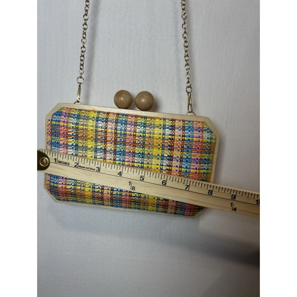 Colorful Woven Wood Frame Clutch Crossbody Bag Gold Chain Boho Resort